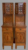 MARQUETRY GLASS TOPPED SIDE CABINETS, a pair, the cabinet tops with bevelled glass over a single