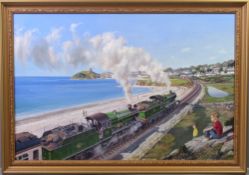 OIL ON CANVAS - steam train, travelling alongside the beach towards Criccieth, 60 x 90cms