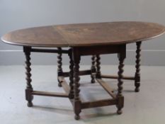 SUBSTANTIAL GATE LEG TABLE - period oak with barley twist supports, 74cms H, 167cms W (extended),