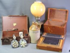 ECLECTIC ASSORTMENT - workboxes and haberdashery contents, small leather suitcase with collectables,