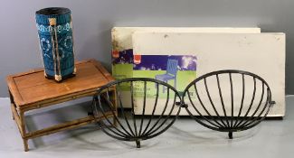 BAMBOO OCCASIONAL TABLE, wicker basket, a pair of flatpack slatted chairs, and a pair of painted hay