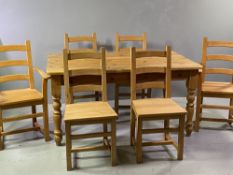 FARMHOUSE KITCHEN TABLE & SIX CHAIRS (four plus two) - pine, on turned supports, 78cms H, 153cms