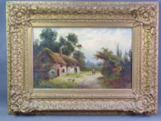 LINTON oil on board? - rustic scene with thatched cottage and farmer, in a good gilt frame, signed