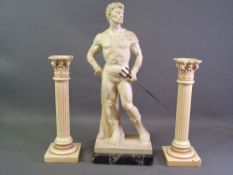 COMPOSITION FIGURE of a Gladiator on a mineral base, signed 'Santini', 44cms H and a pair of