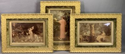 CRYSTOLEUMS - a trio, in gilt frames, various scenes including young ladies feeding birds, 31 x