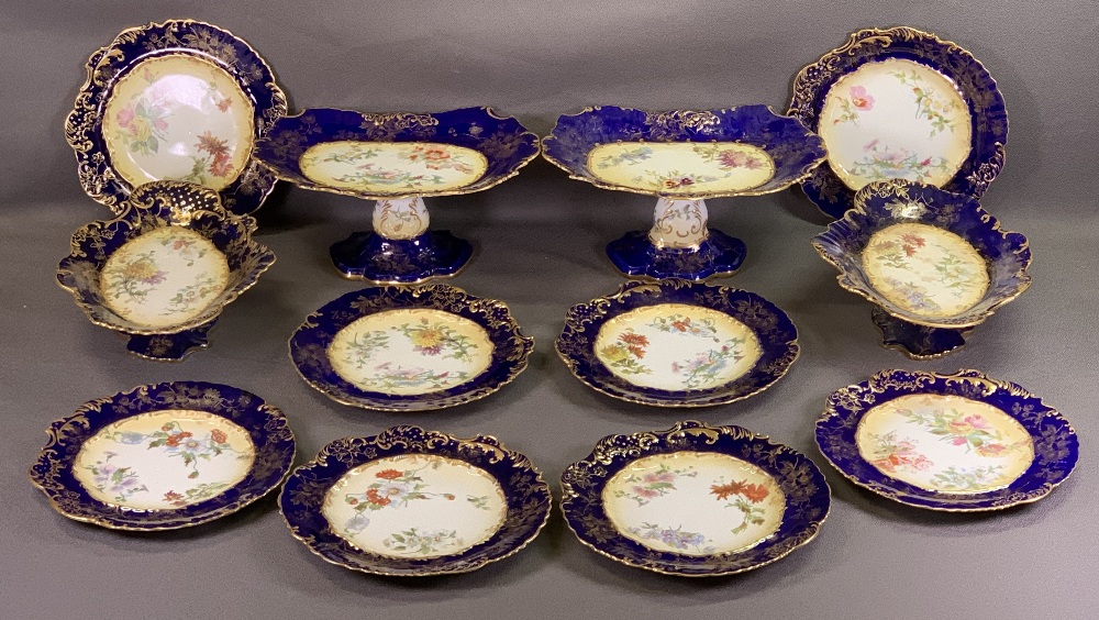 DESSERT WARE - antique cobalt blue and floral decorated, registration no. 248237, twelve pieces