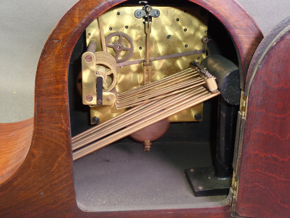 ANTIQUE MAHOGANY MANTEL CLOCK with Westminster chime and silvered dial, excellent example, 25cms - Image 3 of 3