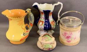 BURLEIGH WARE JUG with parrot handle, 20cms H, Gaudy Welsh octagonal shaped jug, Wade Bramble pot