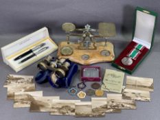 VINTAGE POSTAL SCALES, cased opera glasses, Sheaffer pen set, London Academy of Music & Dramatic Art