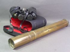 ANTIQUE BRASS TELESCOPE and a cased set of modern binoculars (Boots Admiral II)