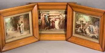 CRYSTOLEUMS - a trio, in mahogany frames, various scenes with figures, 33 x 41cms