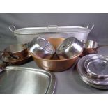 GOOD COPPER TWIN HANDLED PAN, other copper pans, hotel white metalware and a lidded fish kettle