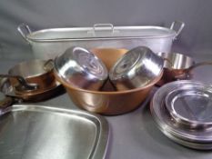 GOOD COPPER TWIN HANDLED PAN, other copper pans, hotel white metalware and a lidded fish kettle