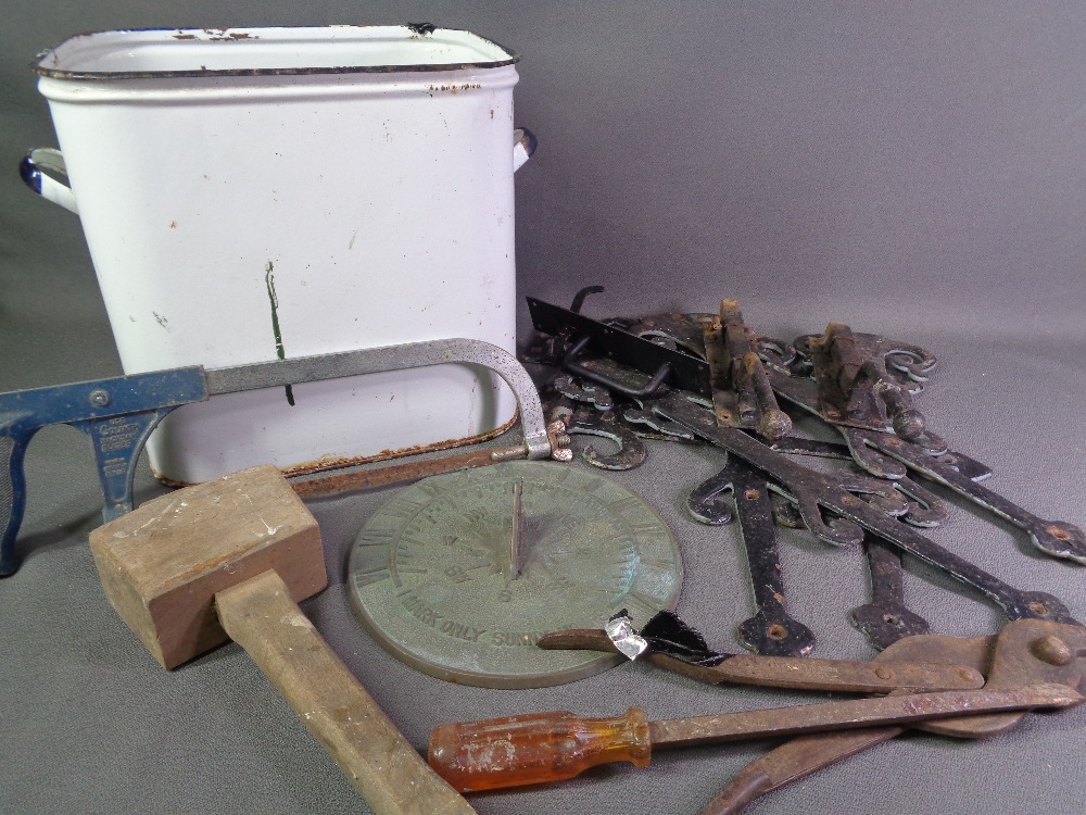 VINTAGE METALLIC SUNDIAL, ornamental door furniture and an enamel tin of old tools
