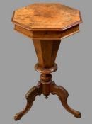 VICTORIAN WALNUT NEEDLEWORK TABLE, the octagonal top over a segmented and carved column on a