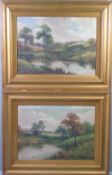 EARLY 20th CENTURY OILS ON BOARD, a pair - countryside scenes featuring rivers, buildings and