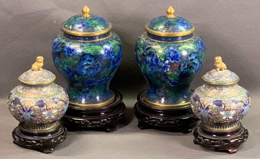 CLOISONNE - two pairs of lidded vases on hardwood stands, 25cms H the tallest