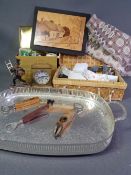 HABERDASHERY ITEMS, vintage bottle openers, white metal tray, mantel clock ETC