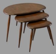 ERCOL PEBBLE OCCASIONAL TABLES, set of three, 40cms H, 66cms W, 44cms D the largest