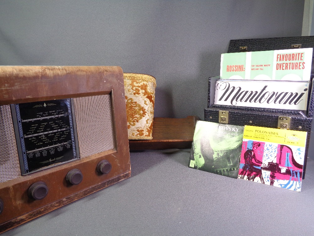 BUSH VINTAGE WIRELESS, polished shelf rack, retro wastepaper basket and a vinyl carry case of LP