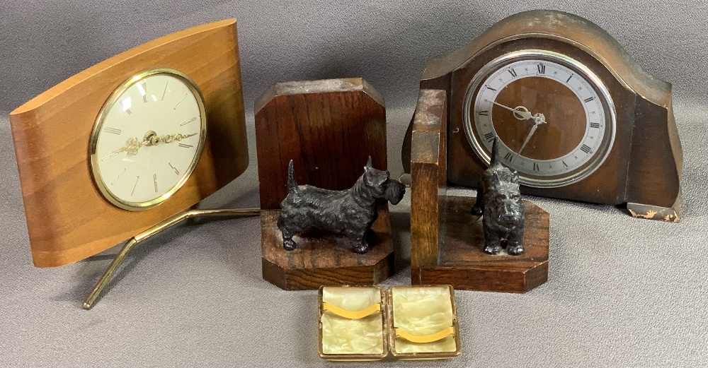 MANTEL CLOCKS - Westclox, mid-Century, another mantel clock, a pair of terrier metallic and wooden