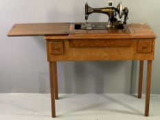 VINTAGE HAND CRANK SEWING MACHINE in an oak work table, 78cms H, 90cms W, 43cms W closed