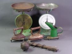 SALTER SCALES, two sets-no. 50, old flat irons and stands, vintage oil can and an ornamental '