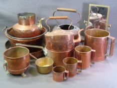 COPPERWARE - a graduated quartet of measures, copper kettles and pans, brass swing mirror ETC