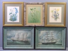 VINTAGE MARITIME PRINTS, a pair - featuring four masted ships, 33 x 46cms and three other prints -