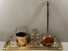 BRASS FIRE FENDER - an excellent ornate example, also brass and copper fire bucket, candlestick,