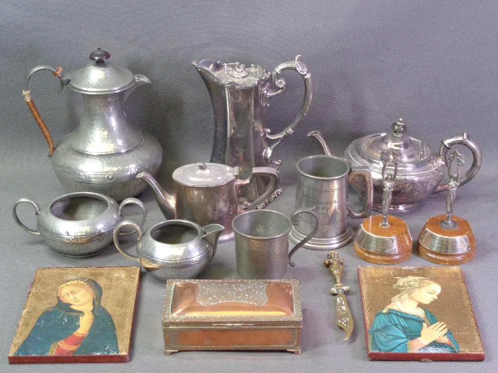 PEWTER - three piece hammered tea service, other similar items, icons, Withington Players Awards