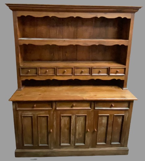 REPRODUCTION KITCHEN DRESSER, Eastern hardwood, having a two shelf rack with shaped frieze and six