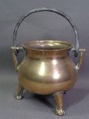 BRASS CAULDRON - heavy, three paw footed with swing iron handle, 16cms H