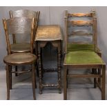 VINTAGE OAK GATELEG TABLE & FOUR CHAIRS (2+2) - the gateleg with carved detail to the top rim on