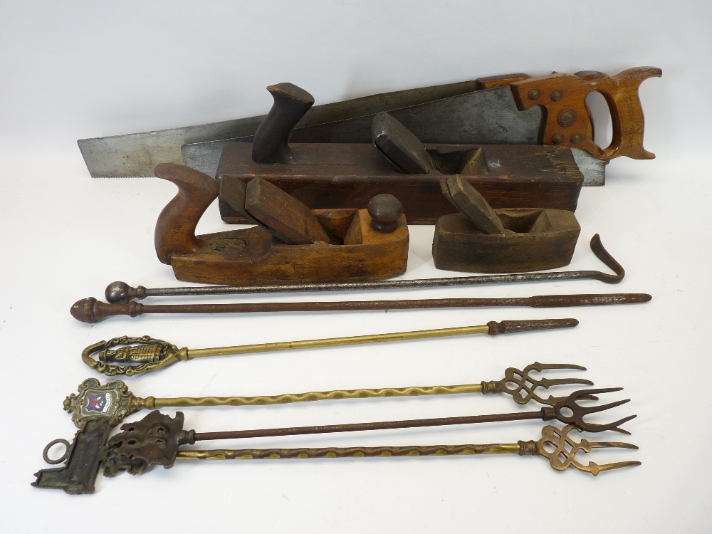 BRASS TRENCH ART, COPPER KETTLES, vintage tools, fire irons, sticks, ETC - Image 6 of 8