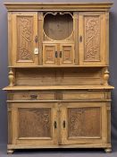 CONTINENTAL STRIPPED PINE KITCHEN DRESSER - the upper section with central open shelf, twin lower