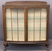 VINTAGE OAK TWO DOOR CHINA DISPLAY CABINET - with interior glass shelves on ball and claw