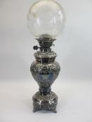 WALKER & HALL SILVER PLATED OIL LAMP - with etched globular shade, 57cms overall H with Evered &