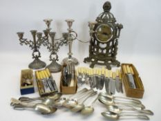 FRENCH STYLE CAST MANTEL CLOCK, pair of candelabra and one other and a loose quantity of EPNS and