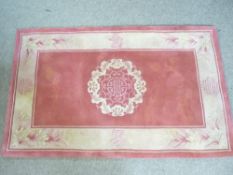 CHINESE HANDMADE WASHED WOOLLEN RUG - pink and cream ground with traditional mortise and floral