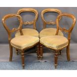 VICTORIAN MAHOGANY BALLOON BACK PARLOUR CHAIRS (4) - with carved detail to the central rail, stuff