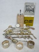 SMALL SILVER, 6 ITEMS, EPNS flatware and a chrome plated Smiths pocket stopwatch, ETC, the silver