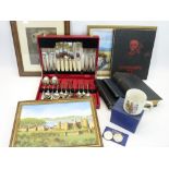MIXED COLLECTABLES GROUP to include commemorative mug and coinage, two framed paintings,