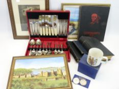 MIXED COLLECTABLES GROUP to include commemorative mug and coinage, two framed paintings,