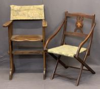 UNUSUAL VINTAGE ARMCHAIRS (2) - including a teak folding Campaign style chair, the carved