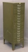 VINTAGE GREEN 15 DRAWER METAL DOCUMENT CABINET - locking with key on angled corner supports with