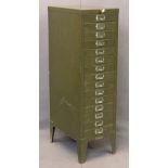 VINTAGE GREEN 15 DRAWER METAL DOCUMENT CABINET - locking with key on angled corner supports with