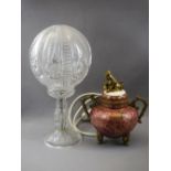 CUT GLASS LAMP WITH GLOBULAR SHADE, Fischer J Budapest, enamel painted jar and cover Japanese style