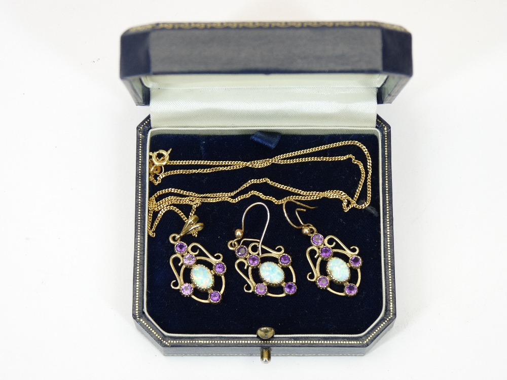 9CT GOLD OPAL & AMETHYST MOUNTED NECKLACE & EARRING SET - 8.2grms gross, 23cms L the necklace and - Image 2 of 2