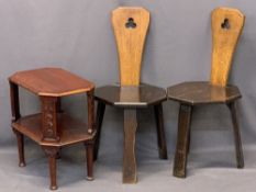 VINTAGE OAK SPINNER'S CHAIRS, A PAIR and a shaped mahogany two-tier occasional table, the chairs